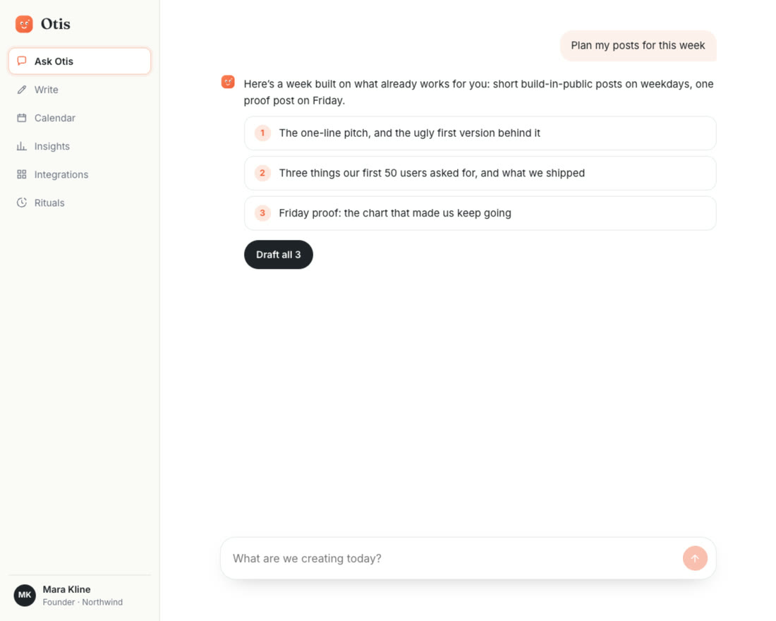 Otis, the app Inventable built, answering with three post ideas